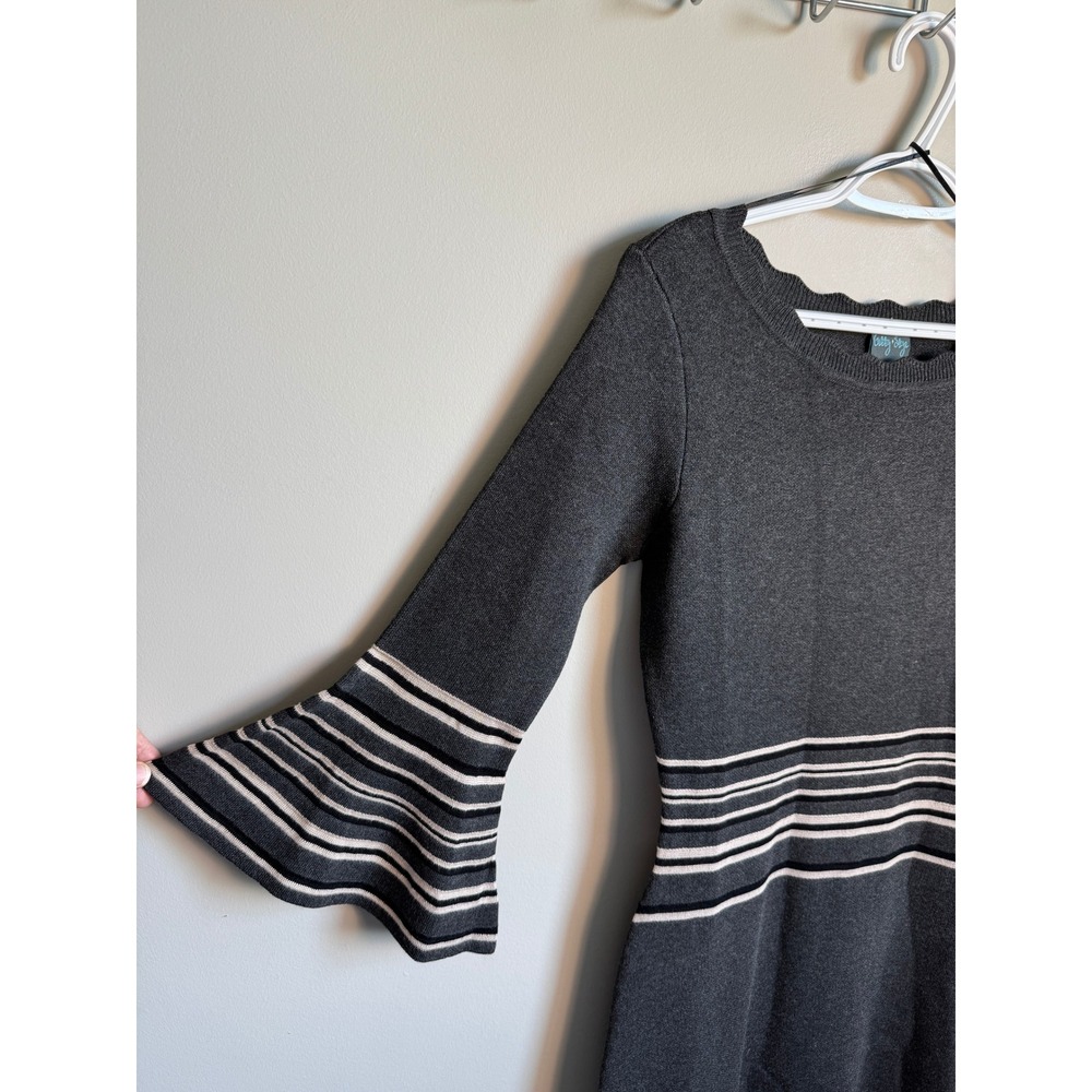 Gabby Skye Gray Striped Bell Sleeve Knit Sheath Midi Dress M Professional Modest